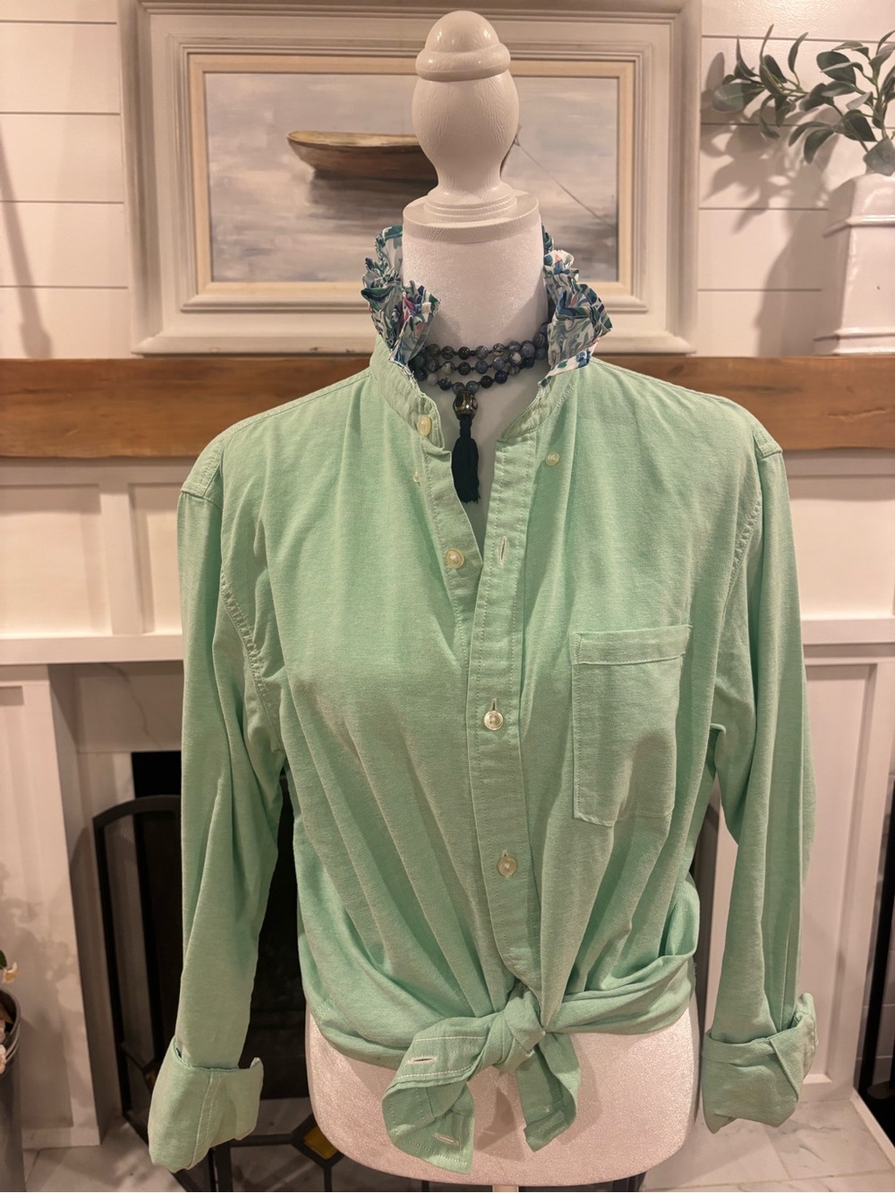 Custom-made up cycled ruffle shirt, green with floral collar